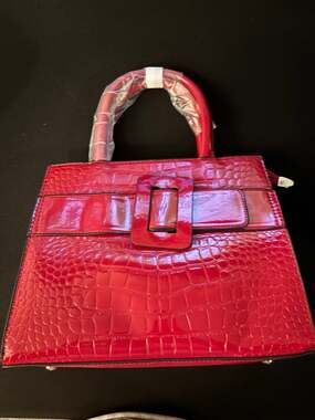 Red Croc-Embossed Faux Leather Handbag | Structured Satchel with Strap | NEW